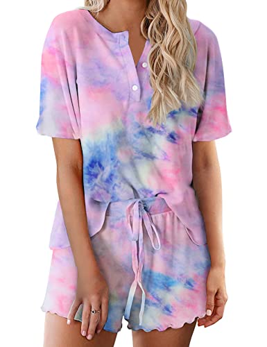 Image of Ekouaer Pajamas Set for Women Short Sleeve Lounge Set 2 Piece Loungewear PJs Soft Cute Lightweight Sleepwear
