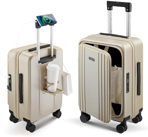 Carry On Luggage Top Opening with Cup Holder & Phone Holder, Expa...