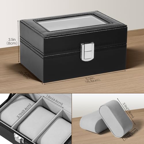 Image of Uten 3-Slot Watch Box, PU Leather Watch Case with Glass Lid, Watch Holder Organizer with Soft Pillow and Velvet Lining, Watch and Jewelry Storage Box