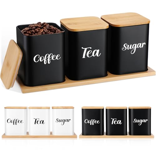 Tioncy Coffee Tea Sugar Container with Tray Set of 3 Airtight Metal Canister with Bamboo Lid Tray for Kitchen Counter Dining Room Farm House Kitchen Style Drink Station Organizer Set (Black)