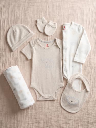 Image of 6 Pcs Clothing Gift Set with Box, 100% Cotton Soft & Breathable 6-Piece Layette Set with Bodysuit, Romper, Bib, Cap, Mittens & Swaddle, 0-12 Months, All-Season Wear