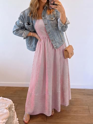 Image of Caracilia Womens Maxi Dresses Gingham Spaghetti Strap Back Smocked Flowy Long Sundress Summer Beach Vacation Clothes 2026
