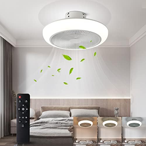 HNWZD Ceiling Fan with Lights Remote Control 18" Modern Bladeless Ceiling Fan 72W Low Profile Flush Mount Ceiling Fan Light Kits Smart LED Dimmable Enclosed Ceiling Fan for Bedroom Kitchen Living Room