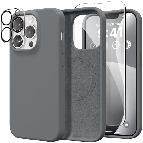 GONEZ Magnetic for iPhone 13 Pro Max Case [Compatible with MagSafe] Anti-Scratch Microfiber Lining & Screen Protector Shockproof Slim Phone Silicone Cover 6.7 inch Dark Grey