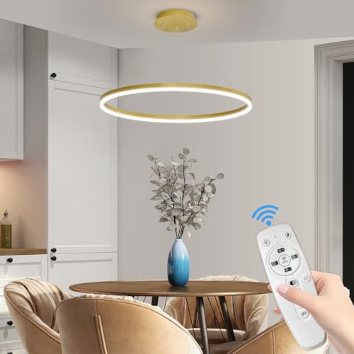 Mikeru 60cm Round Gold Pendant Light, Dimmable Breakfast Island Lighting 1 Ring 10% to 100% Modern LED Large Pendant Light 3000K/4500K/6000K Hanging Lights Over Kitchen Island for Living Room