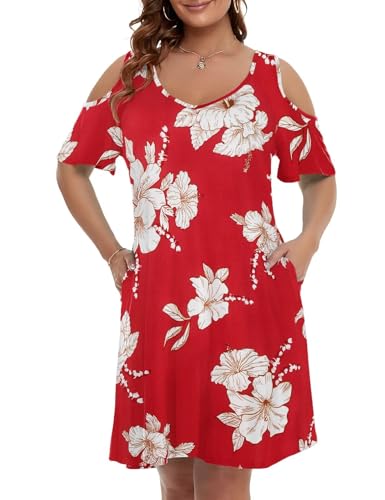 Image of JollieLovin Womens Plus Size Short Sleeve Cold Shoulder V Neck T-Shirt Dress with Pockets