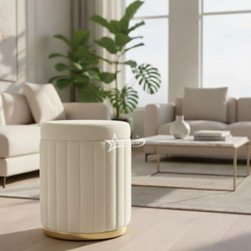 Image of Round Strip Stool with Cushion Foot Rest Office Stool Pouf Ottoman Padded Seat in Living Room - Cream
