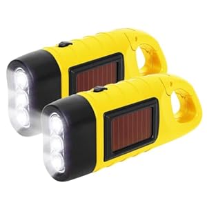 Lixada Zaklamp, handslinger, op zonne-energie, oplaadbare led, noodgevallen, dynamo, zaklamp met clip, voor camping, outdoor, klimrugzak, wandelen (2 stuks (2 stuks), geel)