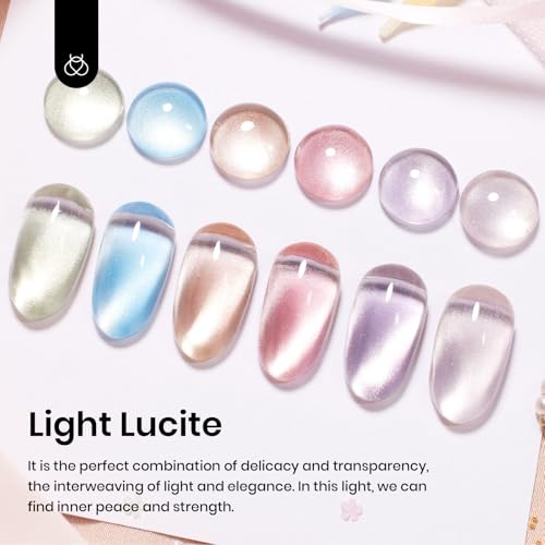 Image of Beetles Cat Eye Gel Nail Polish Set, 6 Colors Jelly Pink Translucent Pastel Blue Purple Orange Green Glass Cat Eye Sheer Gel Polish Kit Soak Off UV Lucite Collection Manicure Gifts for Women