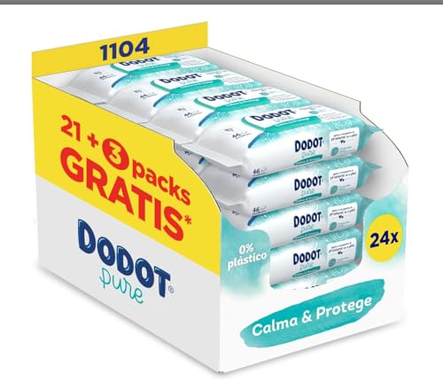 Dodot Pure Toallitas para Bebé,calma y protege con Aloe Vera para la piel sensible de tu bebé, 1104 Unidades (24 Packs x 46), 99% Agua, Sin Alcohol, Sin Plástico