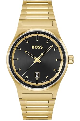 Image of BOSS Candor Qtz Basic Calendar Black Round Dial Men's Analog Watch|Ionic Plated Gold Steel Material|Gold Color Band - 1514077