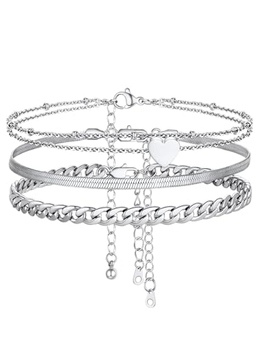 Image of FOCALOOK Anklet Bracelets Set for Women, 14K Gold Plated Waterproof Cuban Link Chain Layered Anklets Set for Plus Size Ankle 8-10.5 Inch Adjustable Summer Beach Jewelry Gift