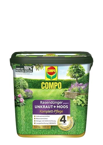 Rasendünger gegen Unkraut + Moos Komplett-Pflege, Rasendünger mit Unkrautvernichter, Moosvernichter, 3 Monate Langzeitwirkung 9 kg, für 300m²