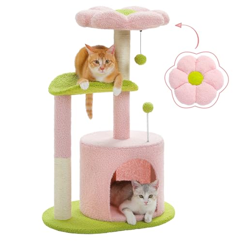 Image of PAWZ Road Flower Cat Tree Pink 32 inch Small Cat Tower Cat Scratching Post with Curved Perch, Cozy Cat Condo Removable Flower Bed for Kittens and Small Cats-Pink