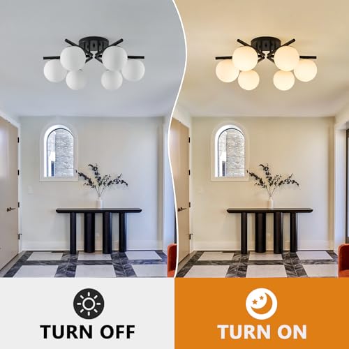 Image of 6-Light Sputnik Ceiling Light Fixture, Semi Flush Mount Ceiling Light with Milk Glass Globes, Black Mid Century Modern Chandelier for Living Room Bedroom Dining Room Hallway