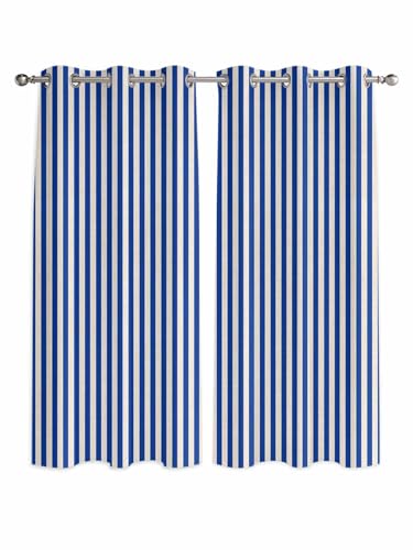Dark Blue Striped Window Curtains Panels with Silver Grommet,Modern Beige Geometric Country Kitchen Cafe Curtain Draperies Window Treatment Set for Living Laundry Room/Bedroom/Bathroom/Cafe,84x84