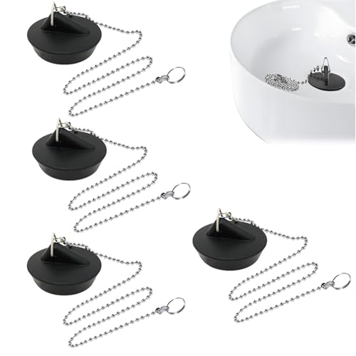 Tapones de lavabo de goma (4 unidades), universales con cadena de bolas de acero inoxidable, para fregadero de cocina, baño, tapón de desagüe, color negro