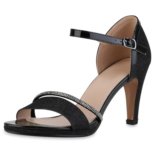 VAN HILL Damen Riemchensandaletten Stiletto Lack Party Schuhe 216538 Schwarz Lack 37