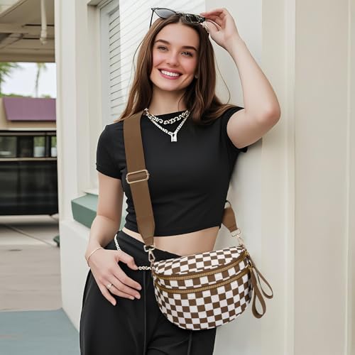 Image of WOOMADA Checkered Crossbody Bag Bum Bag for Women, Fanny Pack Checkered Purse, Belt Bag with Shoulder Strap(Brown Checkerboard)