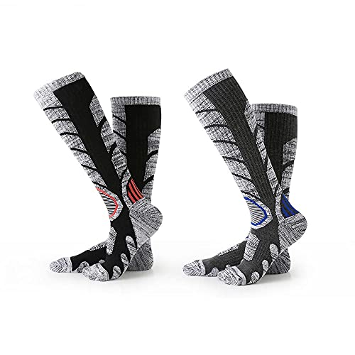 [TENOCEE] トレッキングソックス メンズ ストッキング靴下 防寒ソックス スノーボード 登山 スキー 男性靴下 暖かい 冬用保暖 コンプレッション ジュニア グレー ハイソックス 2足入り 中*黒+灰*2足