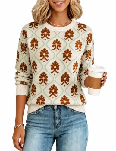 Yeokou Women Floral Sweater Crewneck Long Sleeve Knit Print Pullover Casual Chunky Knitwear(Caramel-XL)