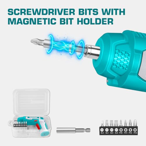Image of TOTAL 4V Cordless Screwdriver, 4Nm Torque, 240RPM, 8 Cr-V Bits | Integrated LED Work Light, 1 /4 Inch Hex Shank, Type-C Charging, Bit Holder, Connector and Carrying Case