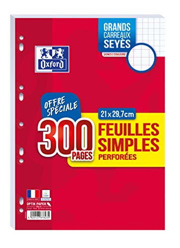 OXFORD Lot de 300 Pages Feuilles Simples Perforées au Format A4 (21 x 29.7cm) Grands Carreaux Seyès