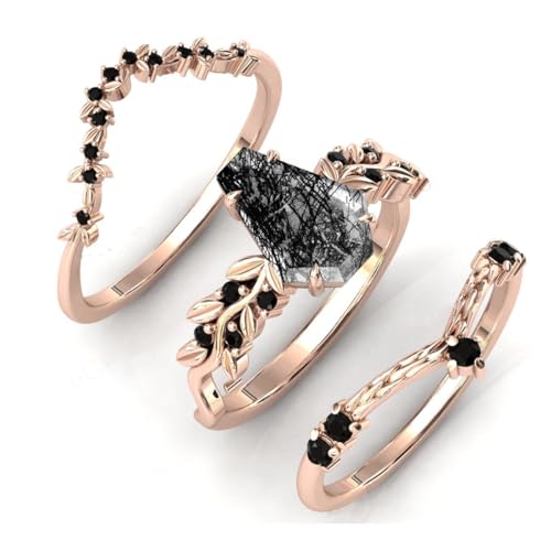 Natural Hexagon Black Rutilated Quartz Engagement Ring Set 925 Sterling Silver Rings for Her with Free Engraving Jewelry Gift for Women Black Rutilated Quartz Vintage Ring Set Size 4-12 -23