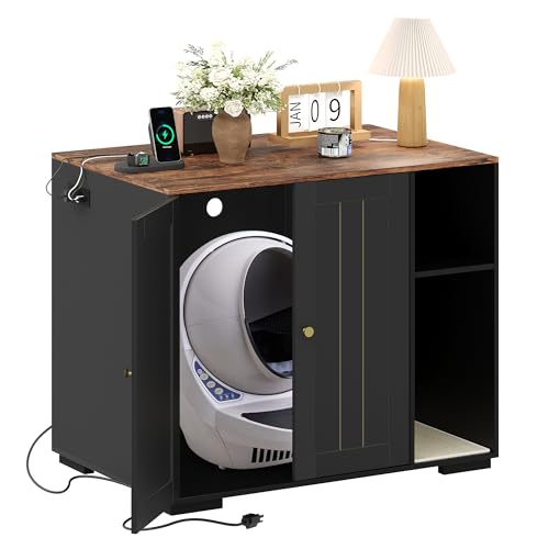 ActiveTrail Large Robot 4 Litter Box Enclosure Cabinet with Built-in Power Outlet & DogProof Shelf Automatic SelfCleaning Litterboxes Furniture for Litter Robot Black