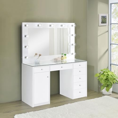 Coaster Percy Vanity Table & Mirror, White High Gloss
