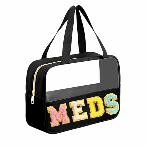 JOJOPOLLO Chenille Letter MEDS Bag Clear Medical Medicine bag for Traveling Preppy Emergency Patch Bag with Handle and Zipper Waterproof Nylon Portable Makeup Bag for Women