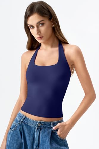 Image of QINSEN Womens Halter Top Double Lined Tank Top Sleeveless Open Back Slim fit Going Out Tops