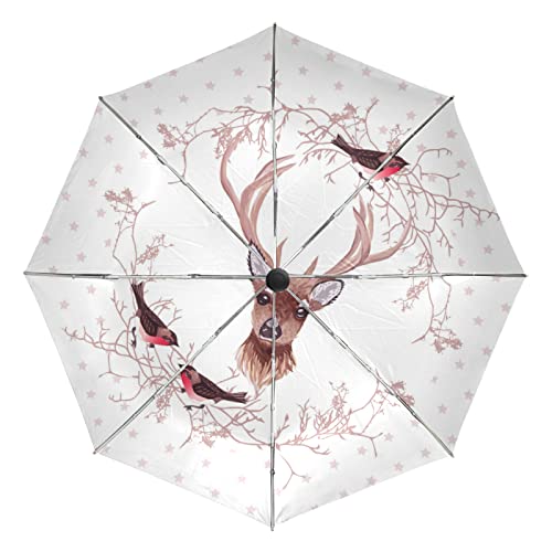 Parapluie automatique Vnurnrn pliant motif cerf et oiseau blanc