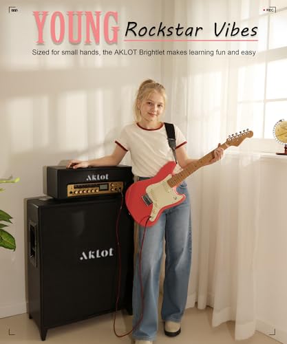 Image of AKLOT Mini Kids Electric Guitar: 3 /4 Size Guitar Kit for Beginners, 1.5in Narrow Neck for Small Hands, Easy to Play, Age 6-12, 36 inch, 10W Amp, Gig Bag, Strap, Cable, Picks & Lesson Book (Pink)