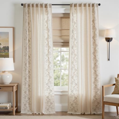 Image of jinchan Floral Linen Curtains, Back Tab 50x96 Inch, 2 Panels Beige