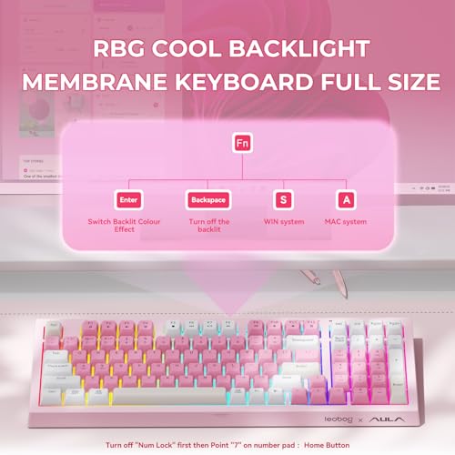 Image of LEOBOG x Aula Pink Keyboard, Wireless Gaming Keyboard Silent Computer Keyboards Creamy Color Membrane Keyboard with Number Pad Cute Quiet RGB Backlit Tri-Mode BT /2.4GHz /USB-C