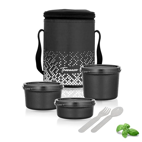 Image of Trueware Omaga Lunch Box with Insulated Fabric Jacket, 3 Microwave Safe & Leak Proof Inner Stainless Steel Containers (1 x 200ml, 1 X 400ml & 1 X 500ml) Tiffin for Office, College