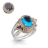 Turkish Handmade Special Design Jewelry 2 rings in 1 ring Reversible Oval Cut Ocean Blue and Black Onyx Topaz 925 Sterling Silver Ladie's Ring All Size