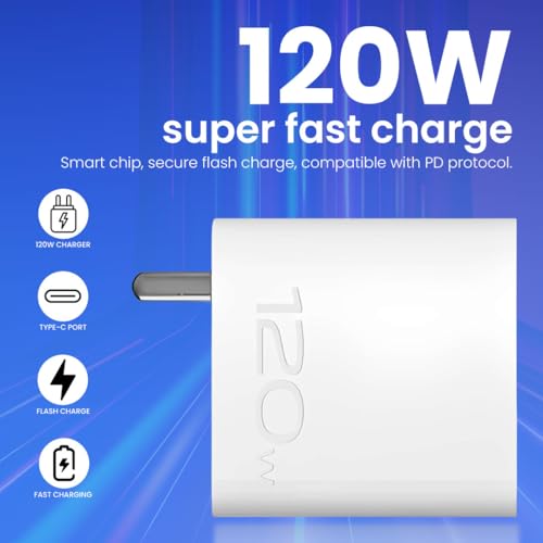 Image of 120W Flash Super Fast Charger with Type C Charging Cable Compatible for VIVO X100 5G, V30, V-X90 5G, V-X90 PRO 5G, V-X FOLD 3, iQOO-11 5G, iQOO 9 Pro, iQ9, iQOO 9T (120W Charger with Cable)