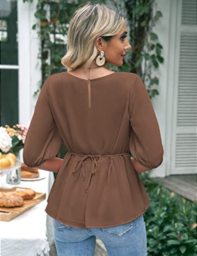 Luvamia 2023 Blouses For Women Dressy Casual Flowy Peplum Tops Puff Sleeve Smocked Elegant Summer Dress Shirt Chiffon Blouses For Women Sheer Blouses For Women Friar Brown Size Medium Size 8 Size 10 #TOP3