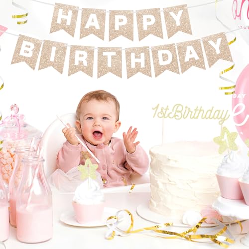 Champagne Gold Glitter Happy Birthday Banner Sign for Backdrop Decorations for Women Girls Classic Golden Birthday Party Supplies Wall Door Garland Bunting - Image 4