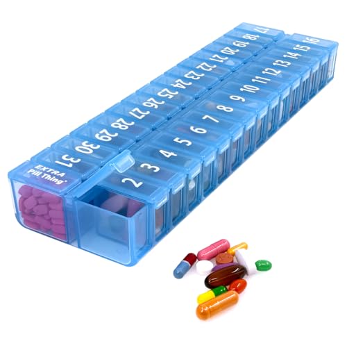 Image of XL Monthly Pill Organizer, Once-a-Day 31-Day Medication Storage Box w /Removable Lid, Extra Compartment for Additional Pills, BPA-Free (XL Blue - 1 Count)
