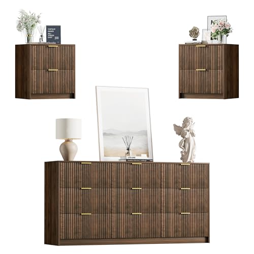 Image of Furniway 3 Piece Bedroom Set, 9 Drawer Dresser and Nightstand Set of 2 with Gold Handles, Modern Wood Chest of Drawers Storage Cabinet for Bedroom, Walnut