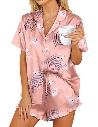 Image of Hotouch Satin Pajamas Set Womens Two Piece Pjs Silk Sleepwear Loose Short Sleeve Lounge Shorts Set