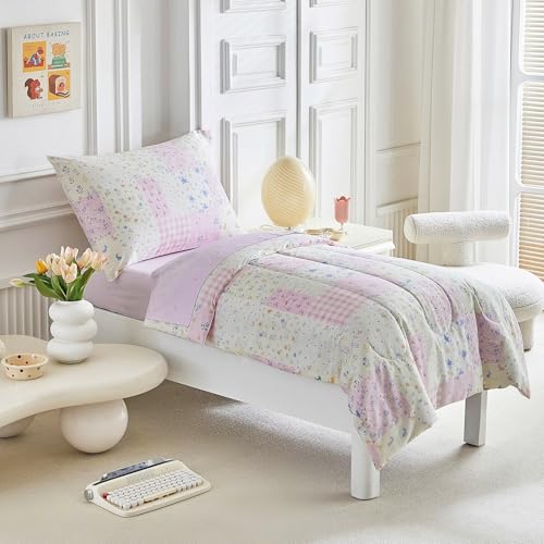 Image of Joyreap 4 Piece Cotton Toddler Bedding Set- Purplish Pink Floral Patchwork Design, Toddler Comforter Set for Girls, Includes Quilted Comforter, Fitted Sheet, Top Sheet, and Pillow Case