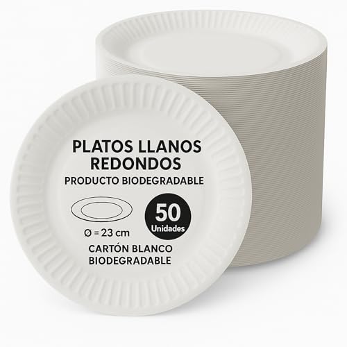 Platos de cartón blancos biodegradable, Plato de cartón llano redondo, apto para uso alimentario, Recomendado solo para alimentos secos, Certificado FSC® MIX 70%, Diámetro 23 cm, 50 unidades