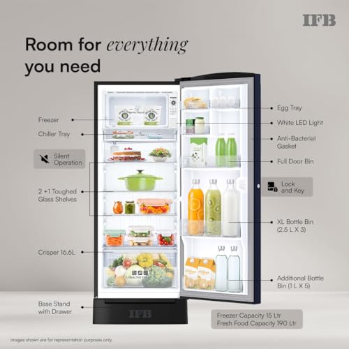 Image of IFB 206L 5 Star Advanced Inverter Direct-Cool Single Door Refrigerator with 30 Hrs Cooling Retention, Big Vegetable Box, 4 Year Super Warranty & Base Stand (2026, IFBDC-232EYBPED, Paradise Dream Blue)