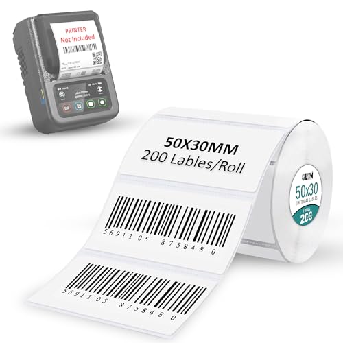 Image of GLUN 50x30mm Direct Thermal Labels Roll, 200 Smudge-Free Barcode & Shipping Sticker Labels for Thermal Printers, Price Tag Labels for Ecommerce, Retail Store & Office Use