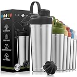 Earthmade Protein Shaker Bottle Stainless Steel, 26 oz Insulated Shaker Bottles for Protein Mixes Keeps COLD for 30 hours, ADDED 2 Extra Ring Guards/Leakproof