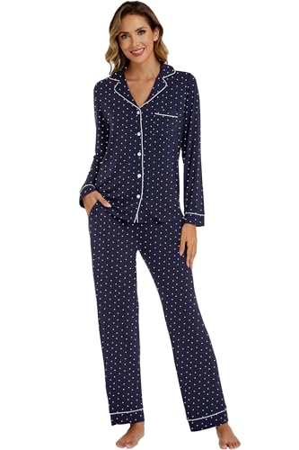 Image of LUBOT Womens Bamboo Viscose Pajamas Set 2 Piece PJs Set for Women Buttery Soft Button-Down Long Sleeve Cozy Printed Sleepwear Loungewear (Navy Blue Dot, S)